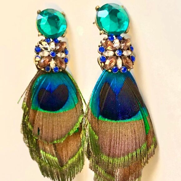 NWT ALEXANDRA'S ACCENTS Rhinestone Jewel Post Peacock Feather Dangle Earrings - Picture 3 of 4